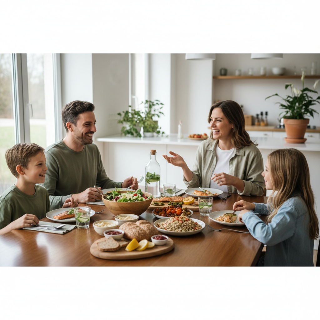 건강한 식단이 차려진 테이블에서 천천히 식사하며 즐겁게 대화하는 가족의 일상적인 모습